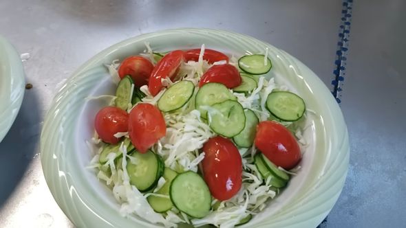 92歳の祖母がそうめんの付け合せとしてキャベツとキュウリとミニトマトのサラダを作る