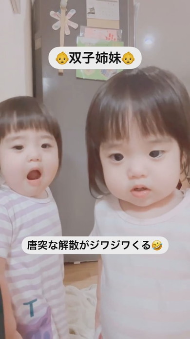 並んでカメラを見ている1歳の双子の姉妹