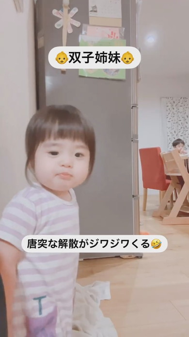 並んでカメラを見ている1歳の双子の姉妹