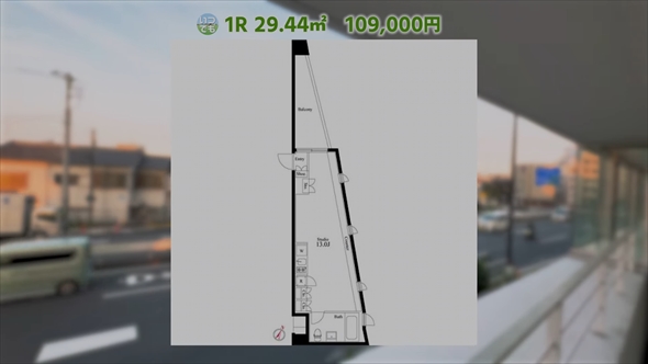 環七通り沿いの細長いワンルーム