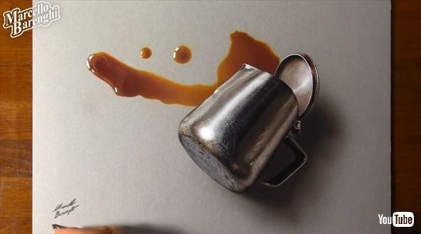 こぼれたコーヒーまでリアルなポットのイラスト