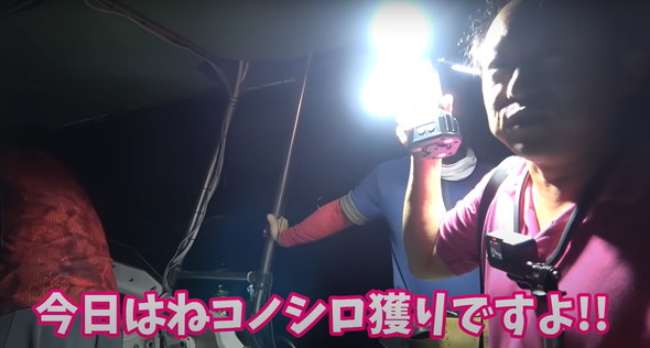 高級魚の大群に船から投網を打つ