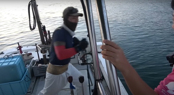 高級魚の大群に船から投網を打つ