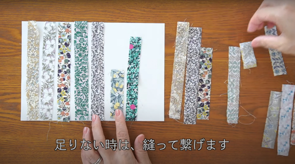 型紙に合わせてハギレを並べます