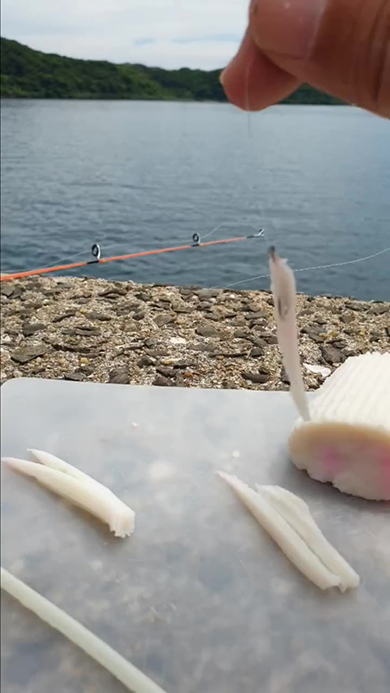 カマボコを釣り針にセットしたところ