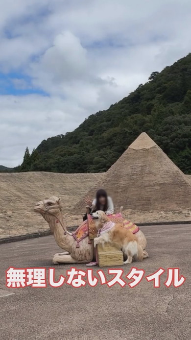 ラクダの置物に乗ろうとするワンコと女性