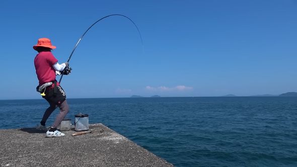 巨大な魚が食いつき大きくしなる妻の竿