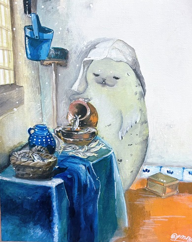 アザラシが器に魚を注いでいる姿を描いた「牛乳を注ぐ女」のパロディー作品