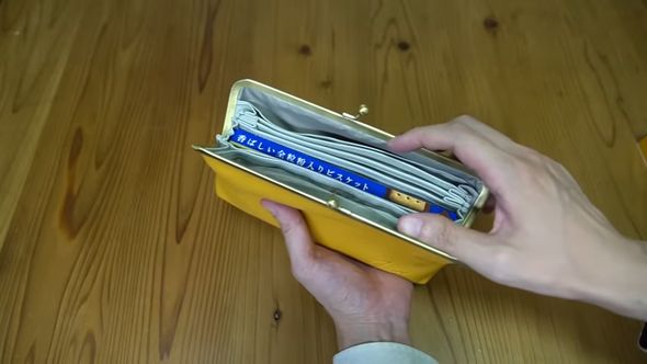 ムック本の特別付録であるお財布ポーチにアルフォートを丸ごと1箱入れた様子