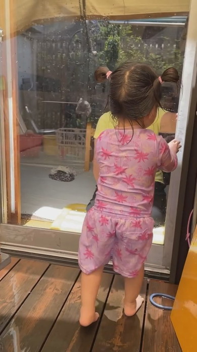 水遊びをする孫とおばあちゃん