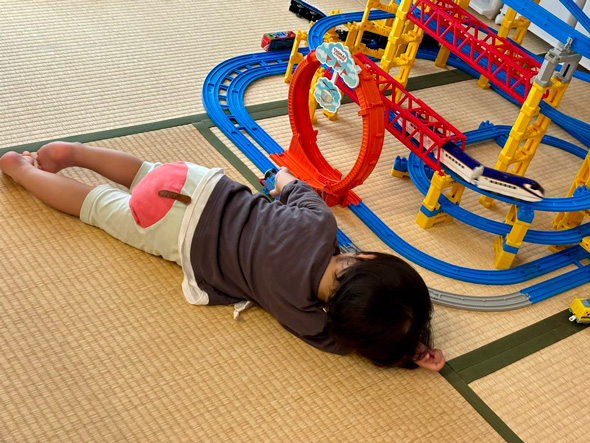 正しいフォームでプラレールを楽しむ息子
