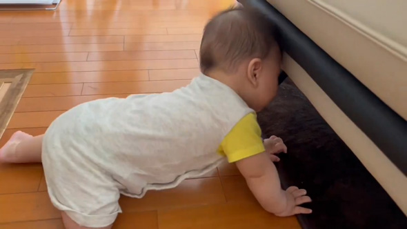 赤ちゃん ソファの下 入ろうとして 頭が引っ掛かる 人生1周目
