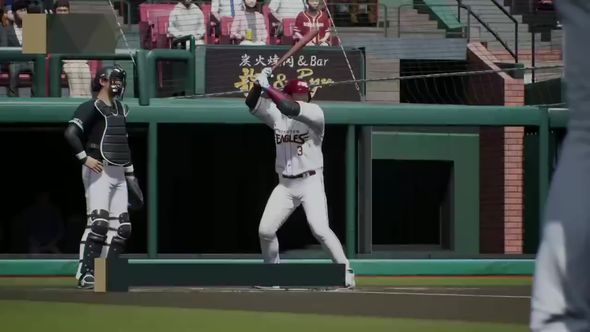 野球ゲーム内の打者がバッターボックスで構えた瞬間