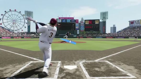 野球ゲーム内の打者がピッチャーの球を打ち返した瞬間