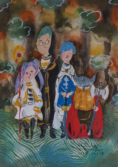 画家が自分の記憶を頼りに描いたフリーレンとハイター、ヒンメル、アイゼンが並んでいる絵