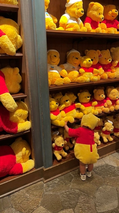 プーさんのカバーオールを着た男の子とたくさんのプーさんのぬいぐるみ