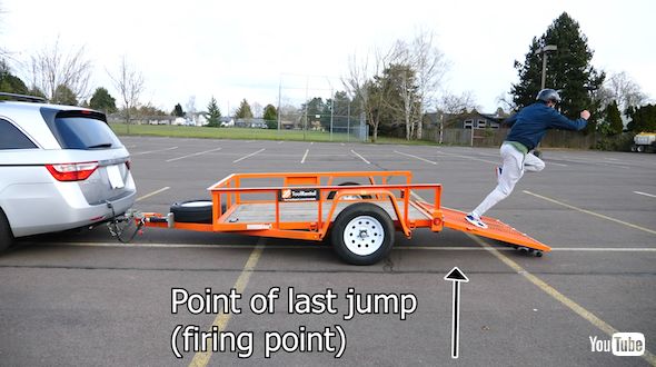 走行中の車の荷台から後方へジャンプ