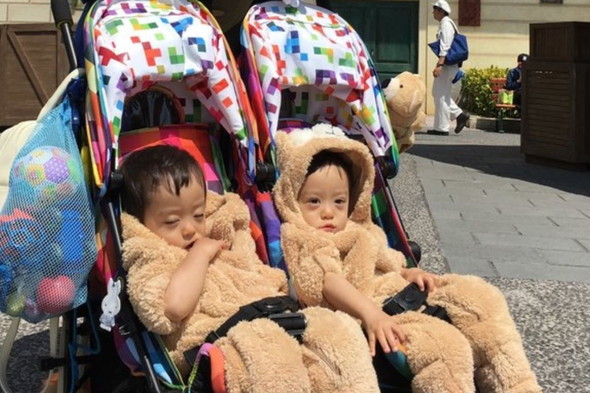 ディズニーでベビーカーに乗っている双子の赤ちゃん