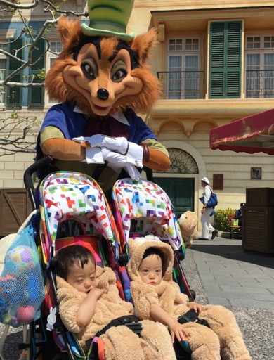 ディズニーでベビーカーに乗っている双子の赤ちゃん
