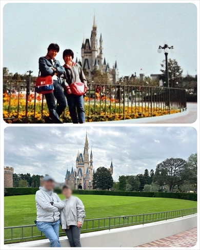 東京ディズニーランドで40年前と同じ場所で写真を撮った夫婦