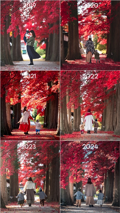 紅葉シーズンに6年連続同じ場所で撮影したすてきな家族写真