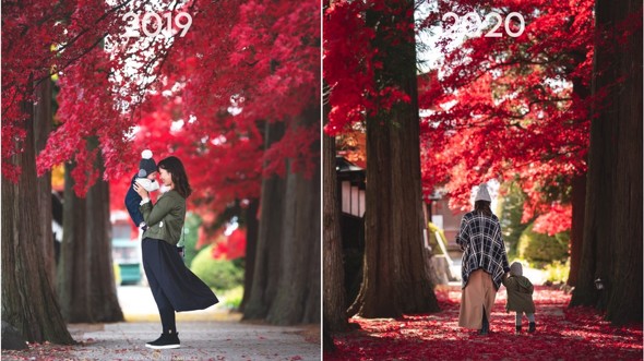 紅葉シーズンに6年連続同じ場所で撮影したすてきな家族写真