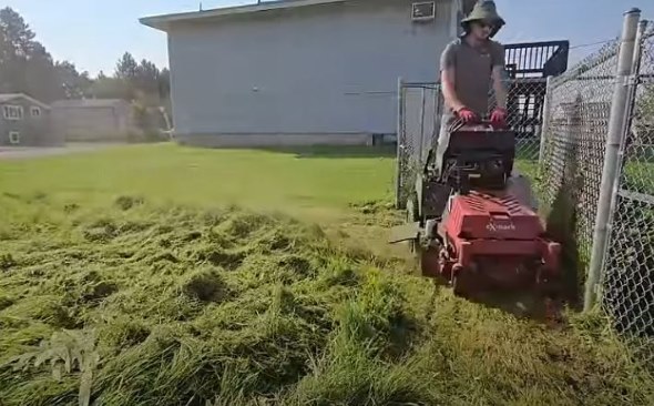 機械で草刈りをする男性