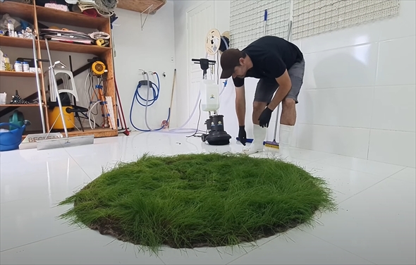 草が生えたラグマットの清掃1