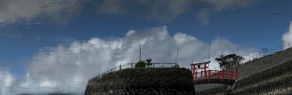 大島神社が旧北上川に映っている光景を捉えた写真