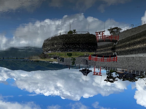 大島神社が旧北上川に映っている光景を上下反転させた写真