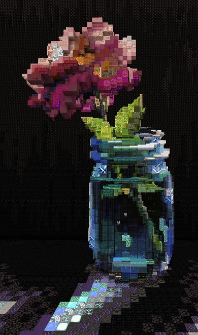 マインクラフト内でブロックを組み合わせて作った絵画のような花瓶