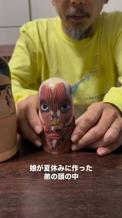 弟の顔の中から出てきた筋肉で覆われている頭部