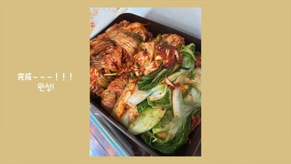 キムチを作るため真っ赤なソースを塗られた白菜