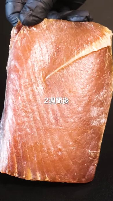 冷蔵庫で2週間塩漬けされたキハダマグロの刺し身