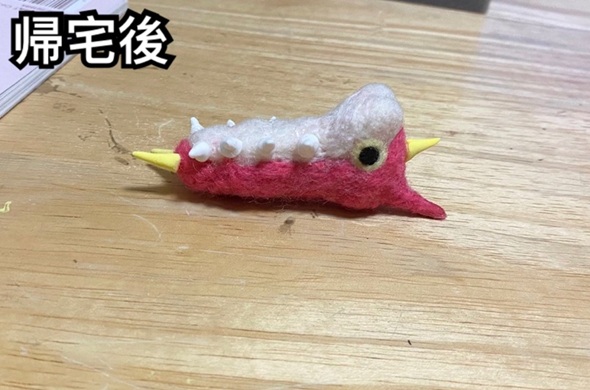 羊毛フェルトで作ったケムッソをあお向けにして疲労感を出す