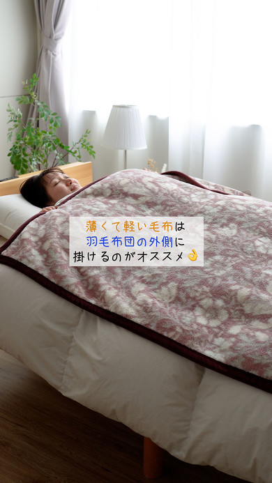 毛布を掛け布団の上に掛ける画像