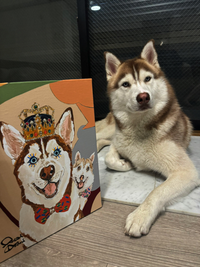 自画像にご満悦のワンコ