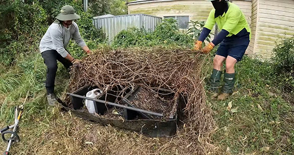 雑草の中から大きな粗大ゴミが出てきた様子。ポリバケツや棚などが写っている