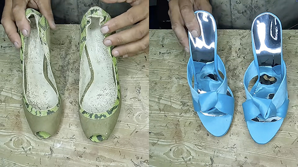 ボロボロの靴が空色のミュールに変身