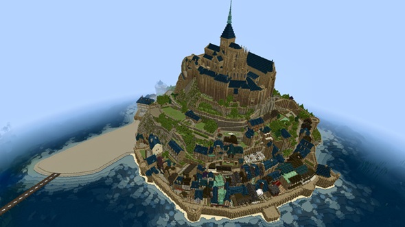 Minecraft内で再現したフランスの世界遺産「モン・サン＝ミシェル」を上空から撮った画像