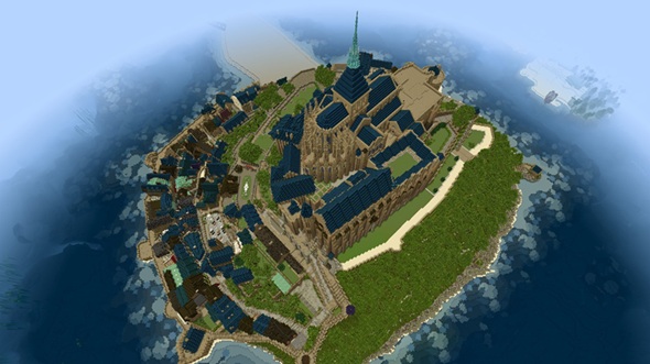 Minecraft内で再現したフランスの世界遺産「モン・サン＝ミシェル」を上空から撮った画像