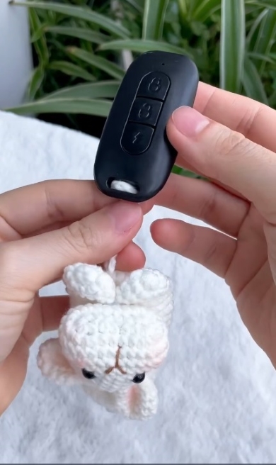 キーの穴にひもを引っかける様子