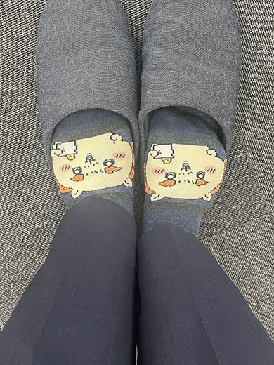 スリッパと靴下が写っている写真。靴下はシーサー（ちいかわ）の柄。