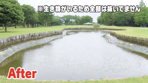 ゴルフ場の池の水を抜いた後