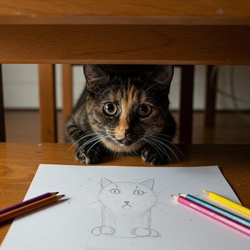 ご主人が描いた下手くそイラストを見た猫