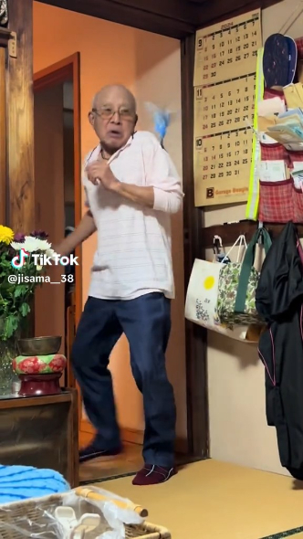 飛んできたインコにびっくりするおじいちゃん