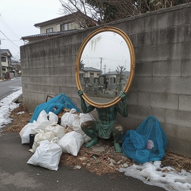 画像生成AIで作った鏡を掲げている像が投棄されている不気味な画像