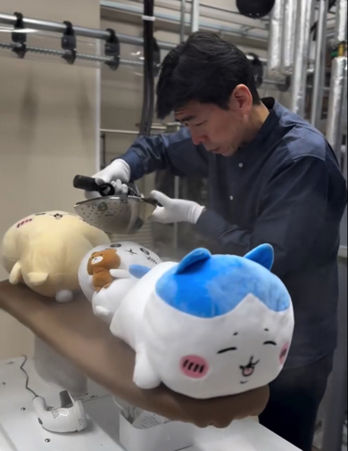 真剣な表情でぬいぐるみと向き合っています