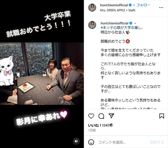 末娘・彩月さんの大学卒業＆就職をお祝いする堀ちえみと夫