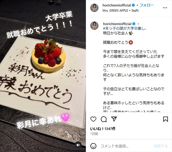 末娘・彩月さんの大学卒業＆就職をお祝いする堀ちえみと夫